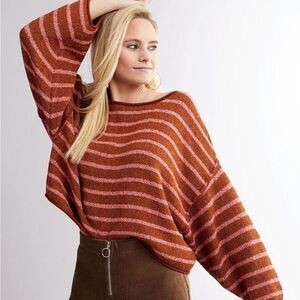 Free People Sweater Womens Small Orange Bardot Striped Sweater Cropped Boho